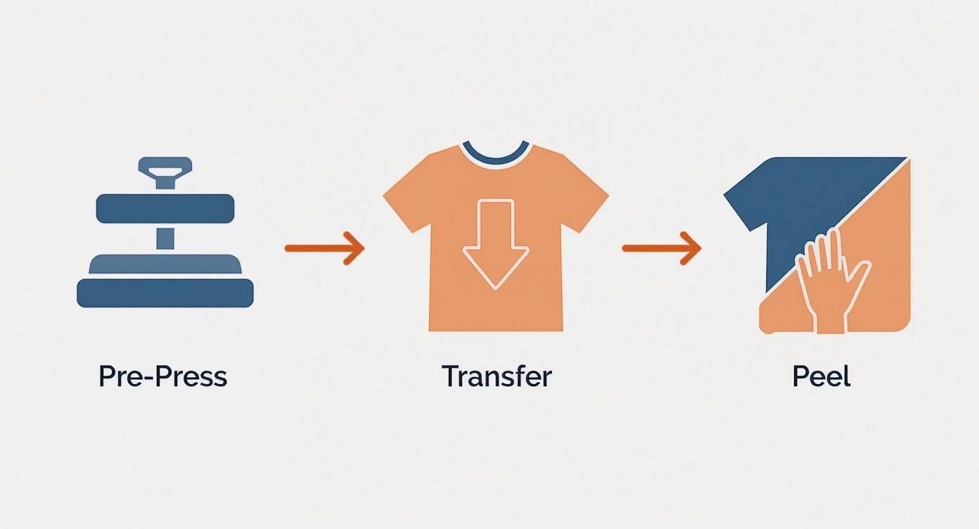 Three-step DTF printing process showing pre-press machine, transfer design on shirt, and peeling technique
