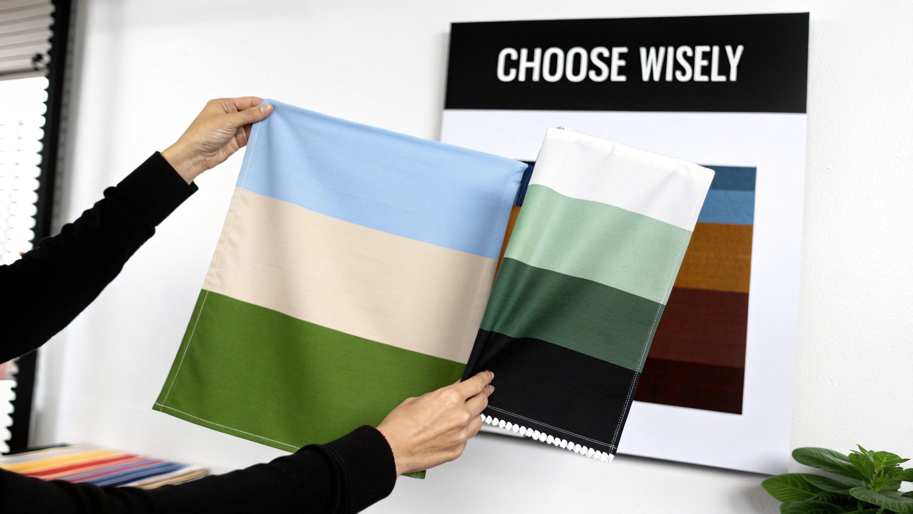 A person holds up two distinct striped fabric samples with various colors, comparing designs.