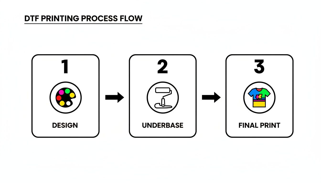 A diagram showing the DTF printing process flow with steps: Design, Underbase, and Final Print.