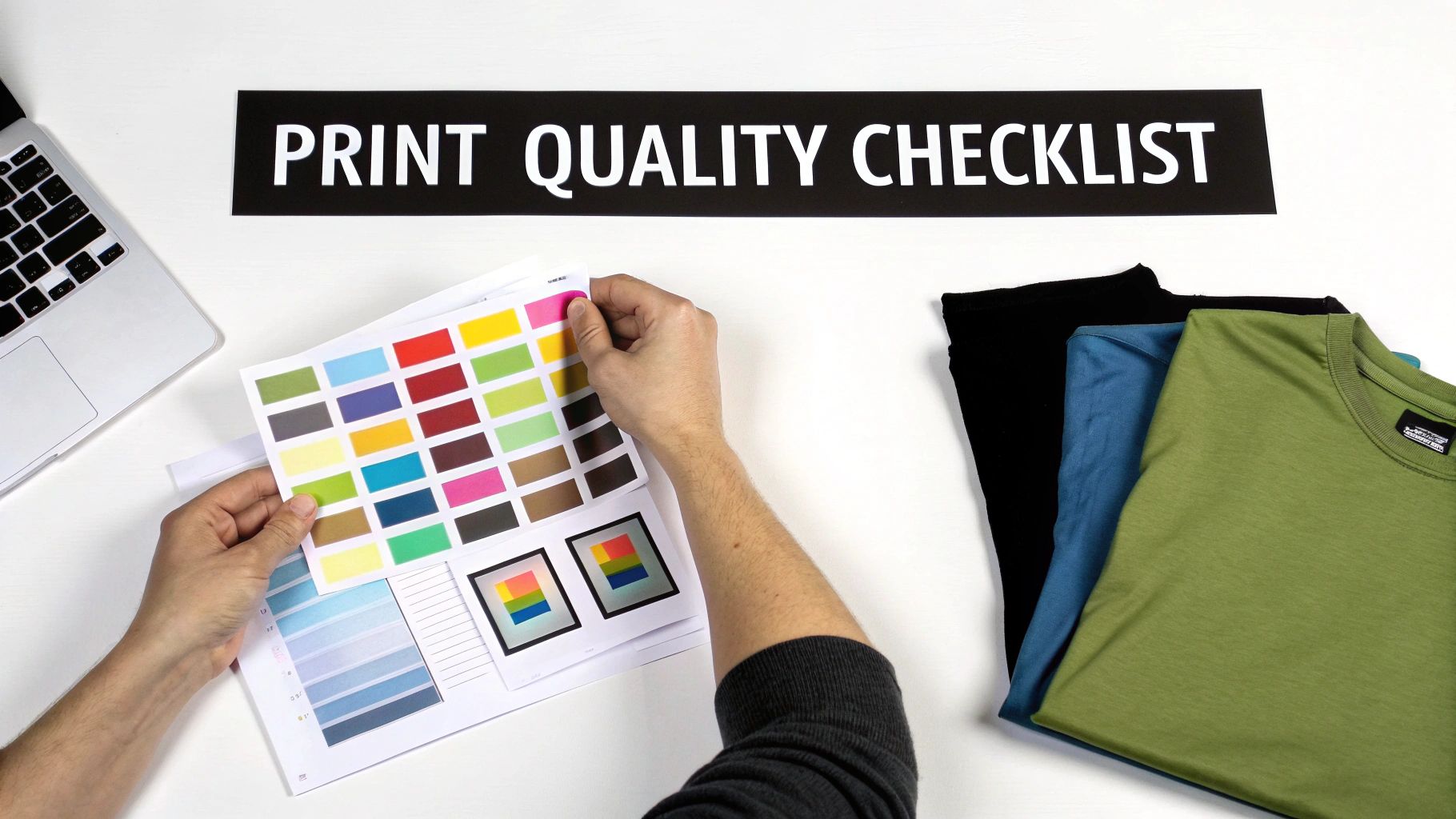 A person inspecting a color chart for print quality, with a laptop, t-shirts, and a 'PRINT QUALITY CHECKLIST' sign.