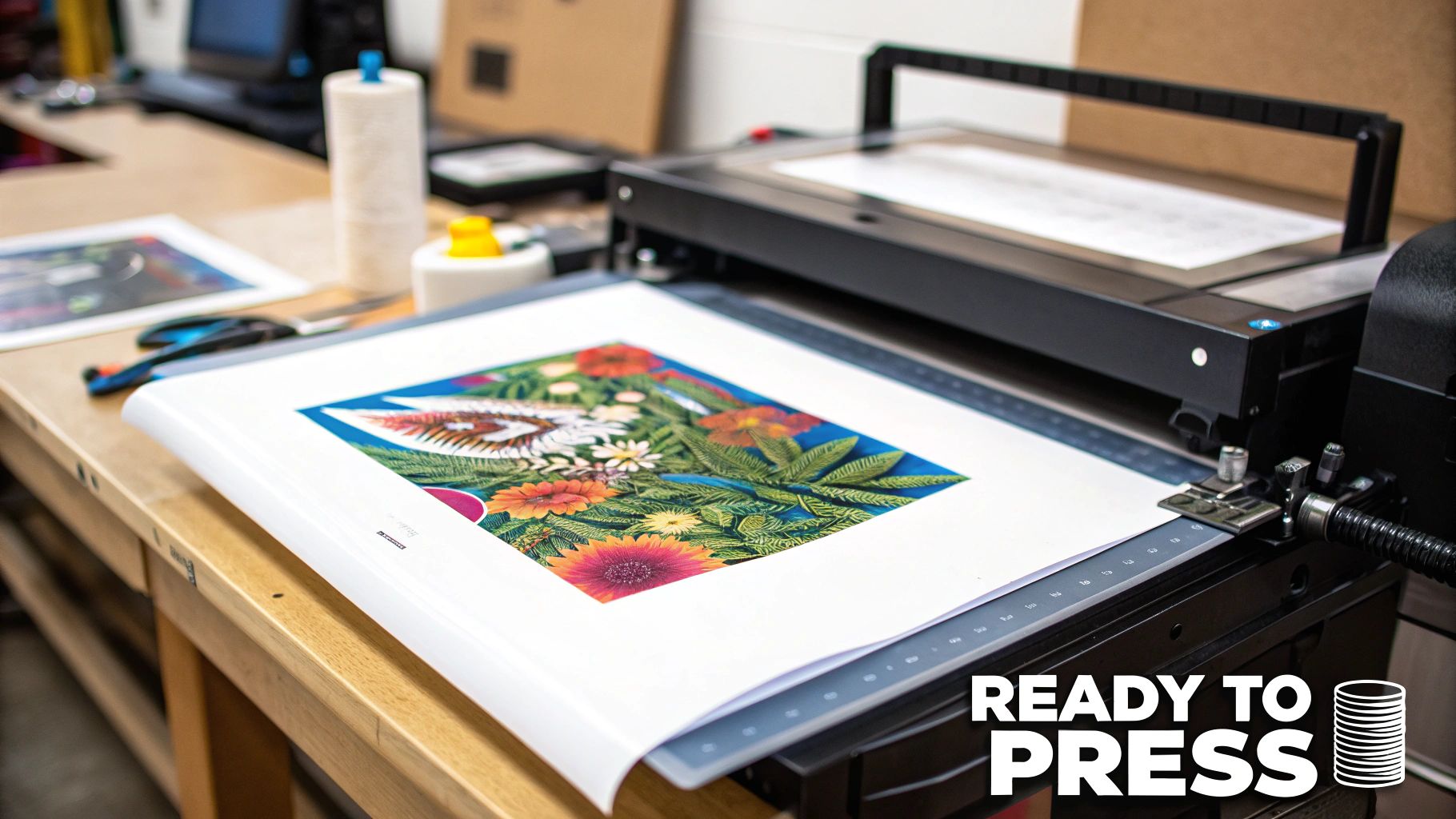 A vibrant botanical print with a tiger eye on a paper sheet being processed by a large machine.