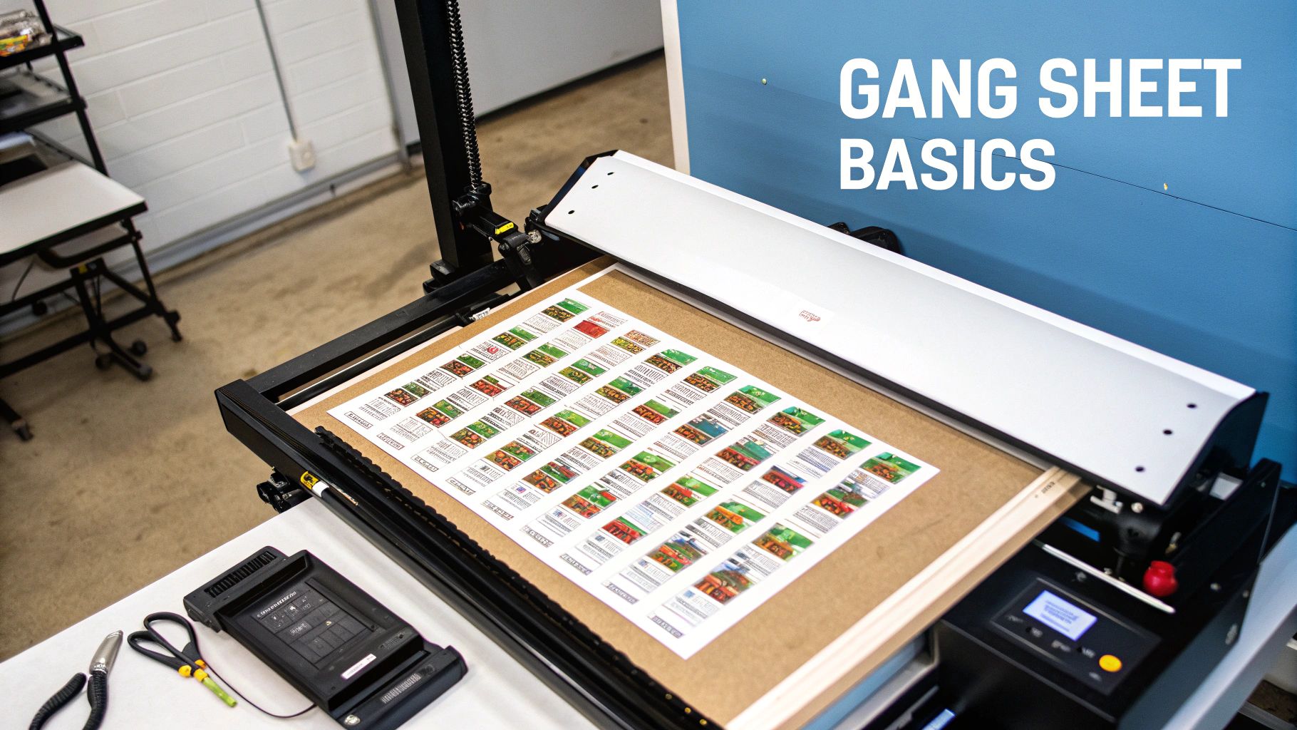 A professional printing setup processing a gang sheet with numerous small labels, next to a 'GANG SHEET BASICS' sign.