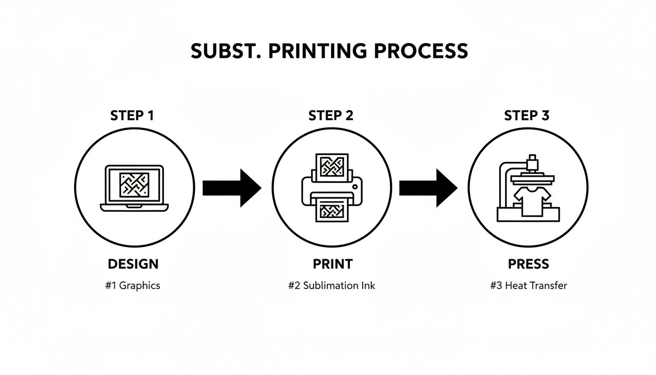 Three-step diagram illustrating the dye sublimation printing process: design, print, and heat press.