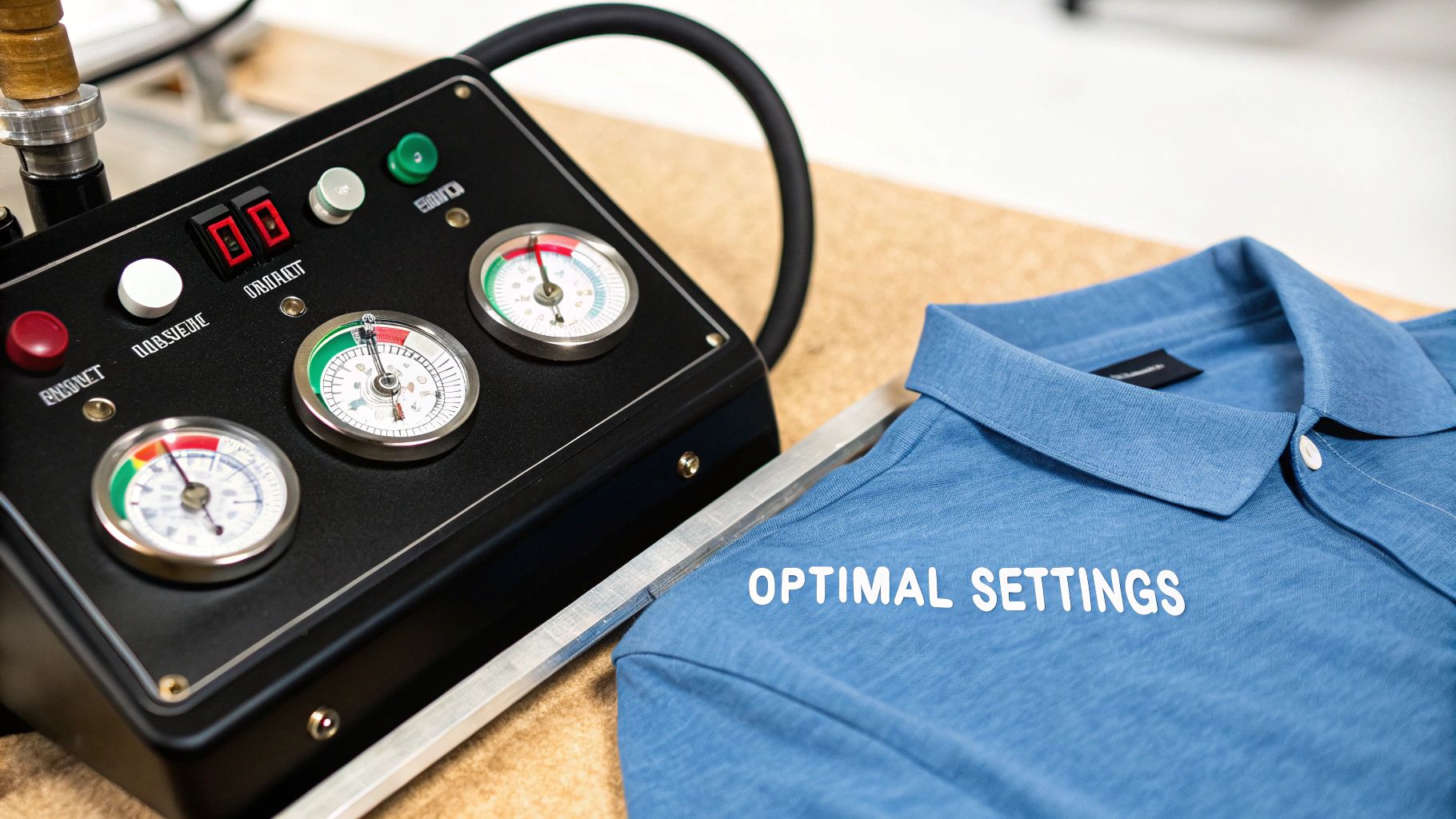 A person adjusting the digital temperature and time display on a modern heat press machine.