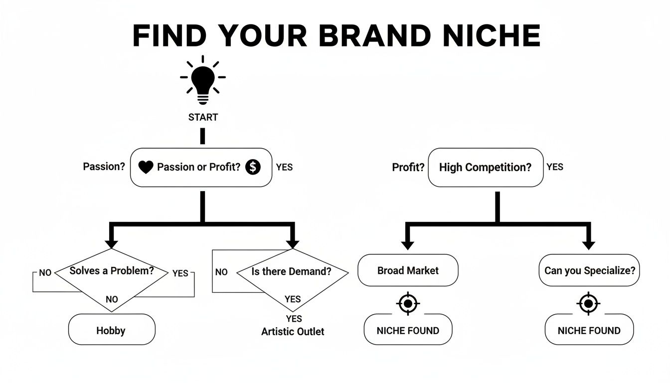 A flowchart guiding users to find their brand niche, balancing passion and profit.