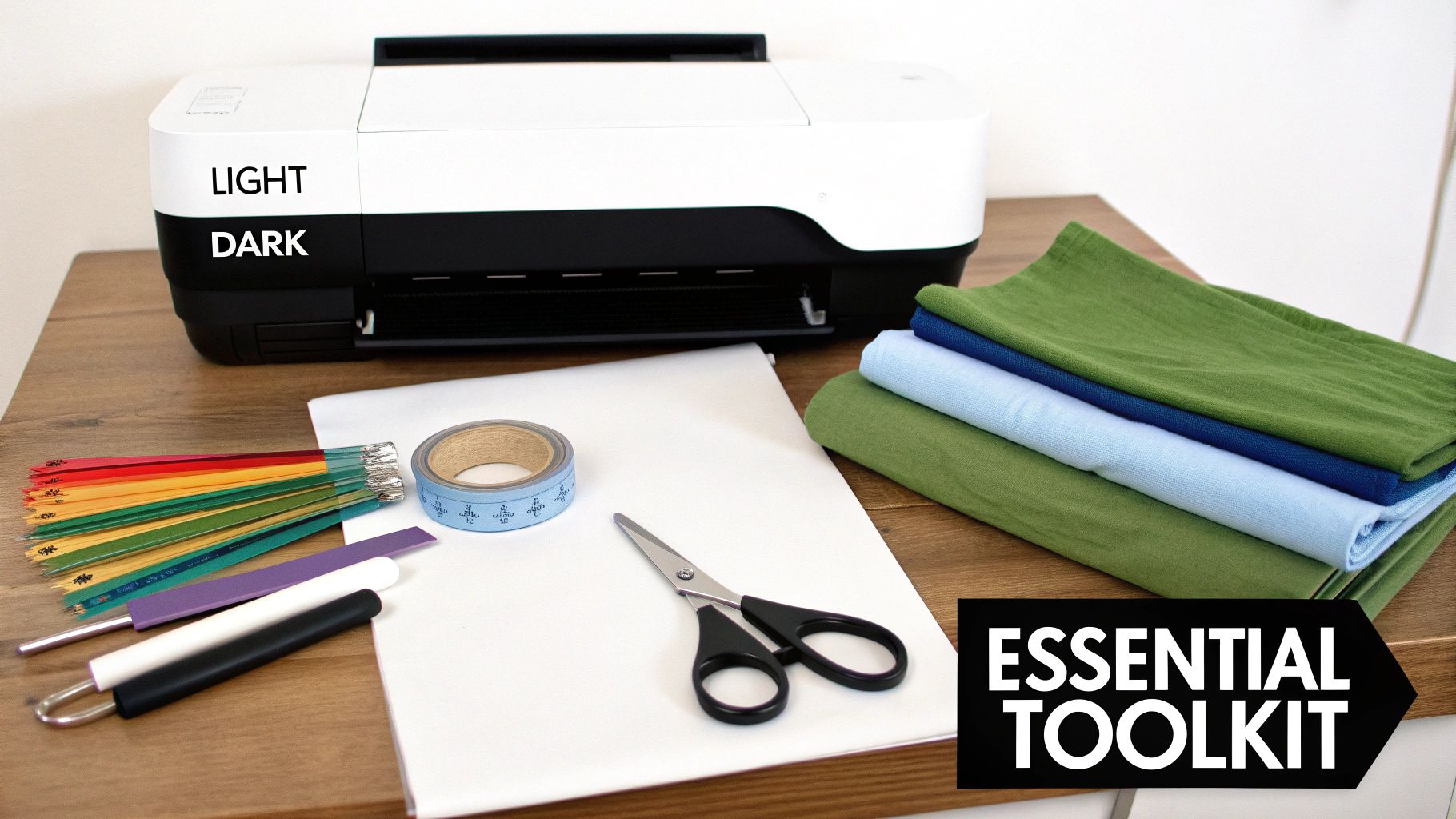 A flat lay of an essential toolkit for textile printing, featuring a printer, colorful tools, tape, scissors, and fabric.