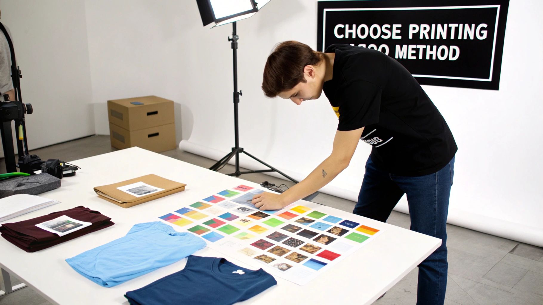 A person wearing a custom-printed t-shirt with a complex graphic design.