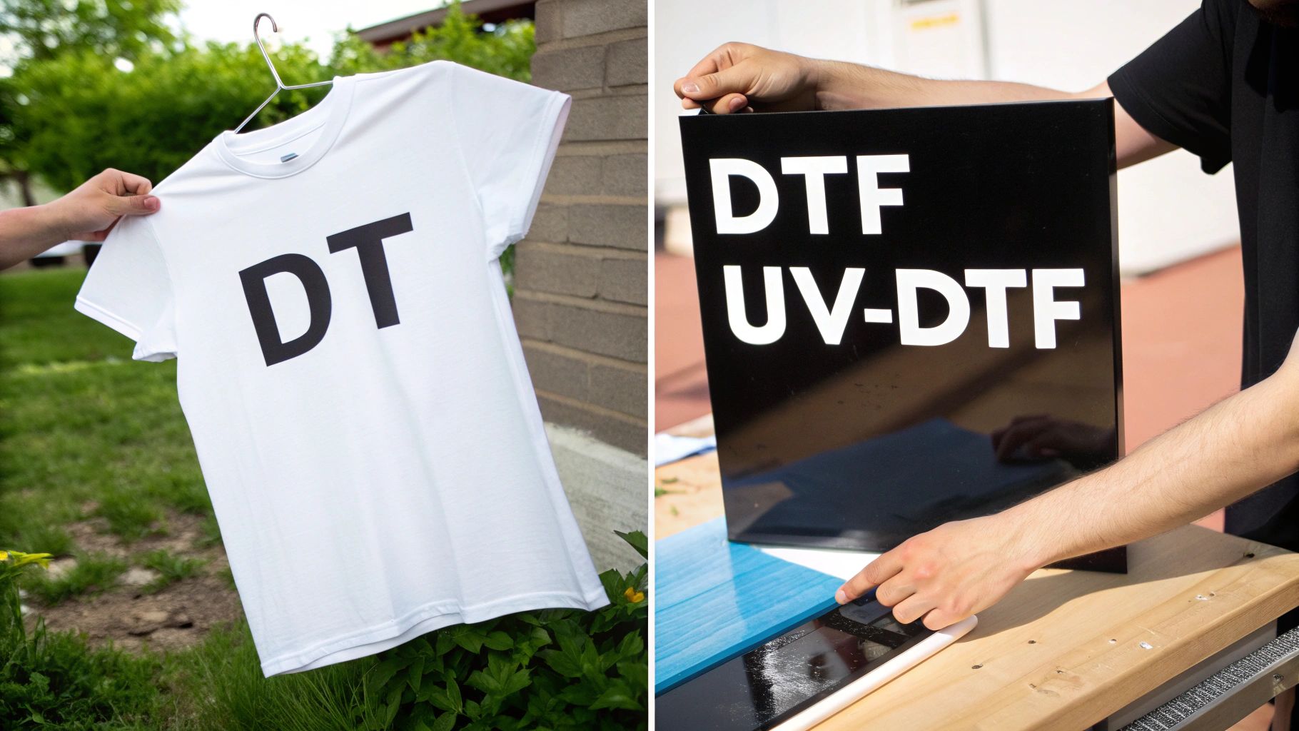 A comparison showing a DTF print on a t-shirt and a UV-DTF print on a hard mug