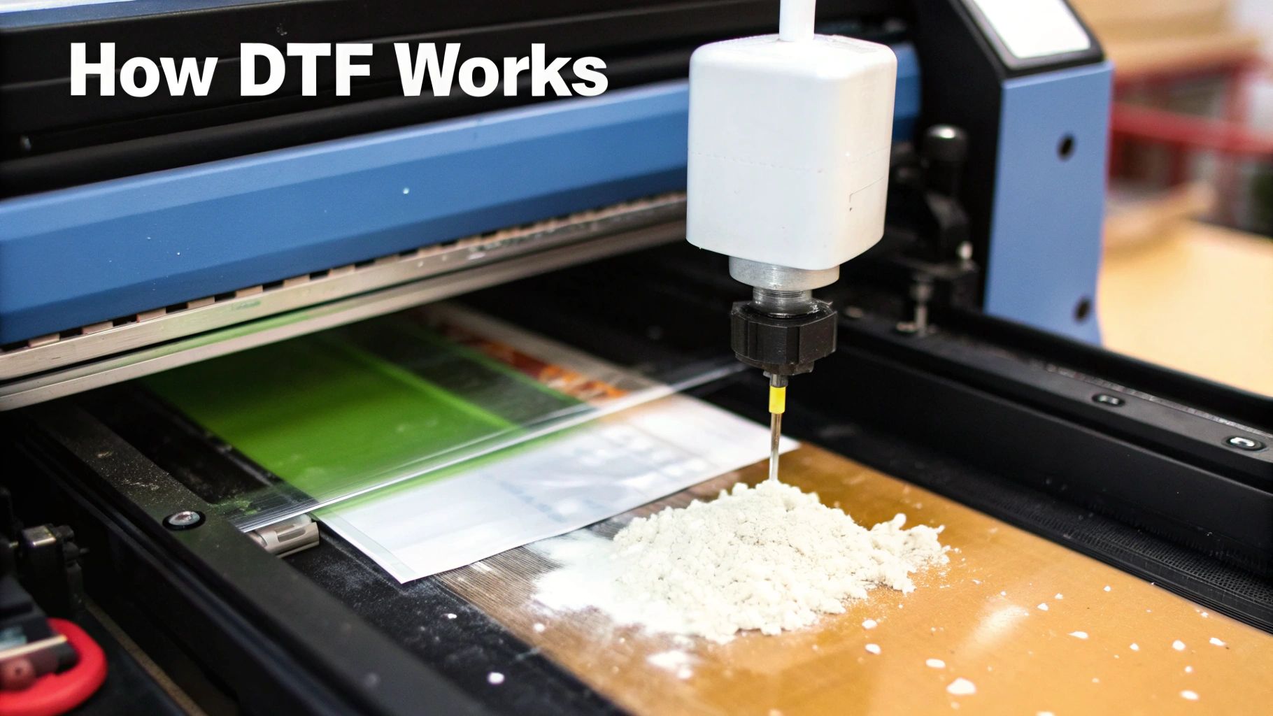 Close-up of a DTF printer applying white adhesive powder onto a transfer film, illustrating the DTF process.