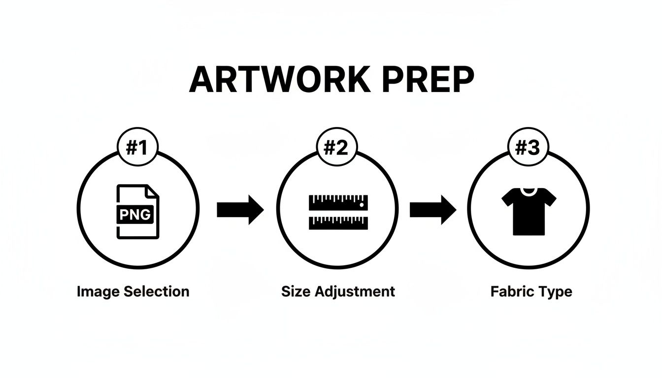 A three-step process for artwork preparation: image selection (PNG), size adjustment, and fabric type (T-shirt).