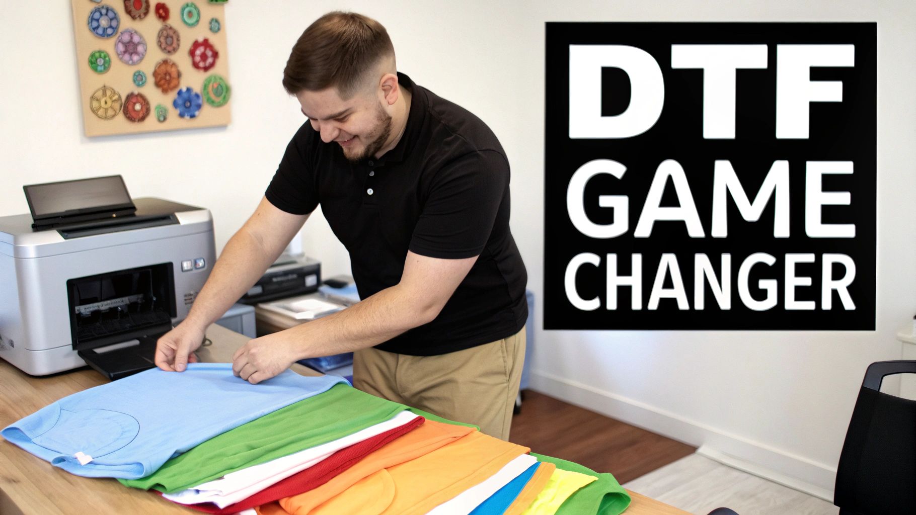 A man smiles while folding colorful t-shirts next to a DTF printer, with a 'DTF GAME CHANGER' sign.