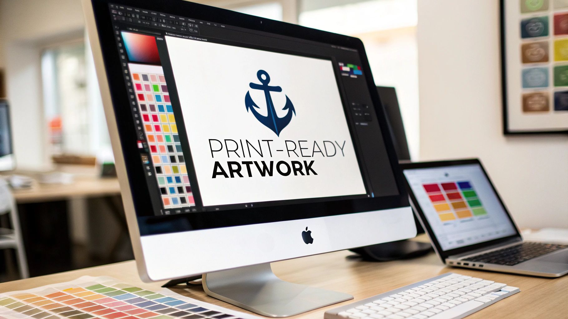 An iMac displays 'PRINT-READY ARTWORK' with an anchor logo, surrounded by design tools.