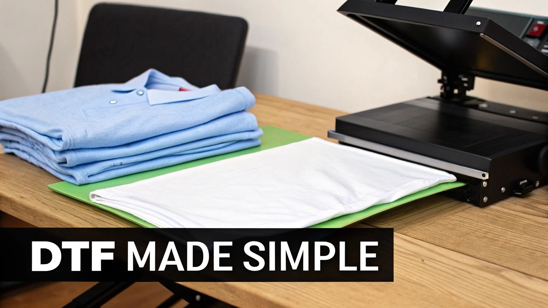 Heat press machine with a white t-shirt and folded blue polo shirts, ready for custom printing.