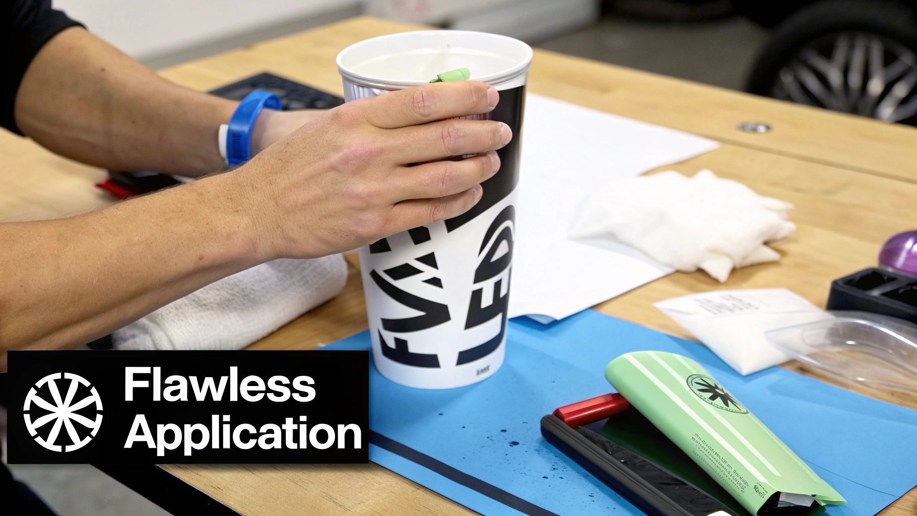 A person's hands holding a white cup with black graphics and a green clip, surrounded by crafting supplies.