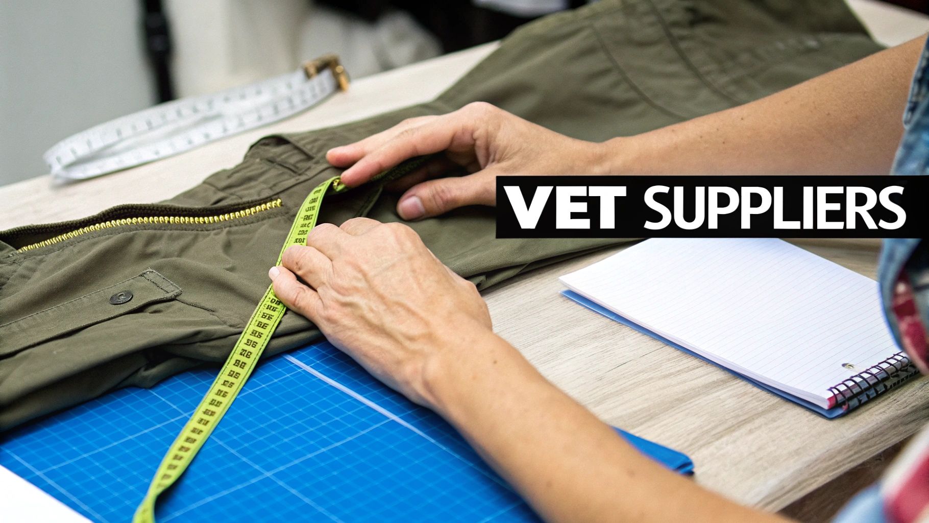 Hands measuring green cargo pants with a yellow tape measure on a table, with 'VET SUPPLIERS' text.