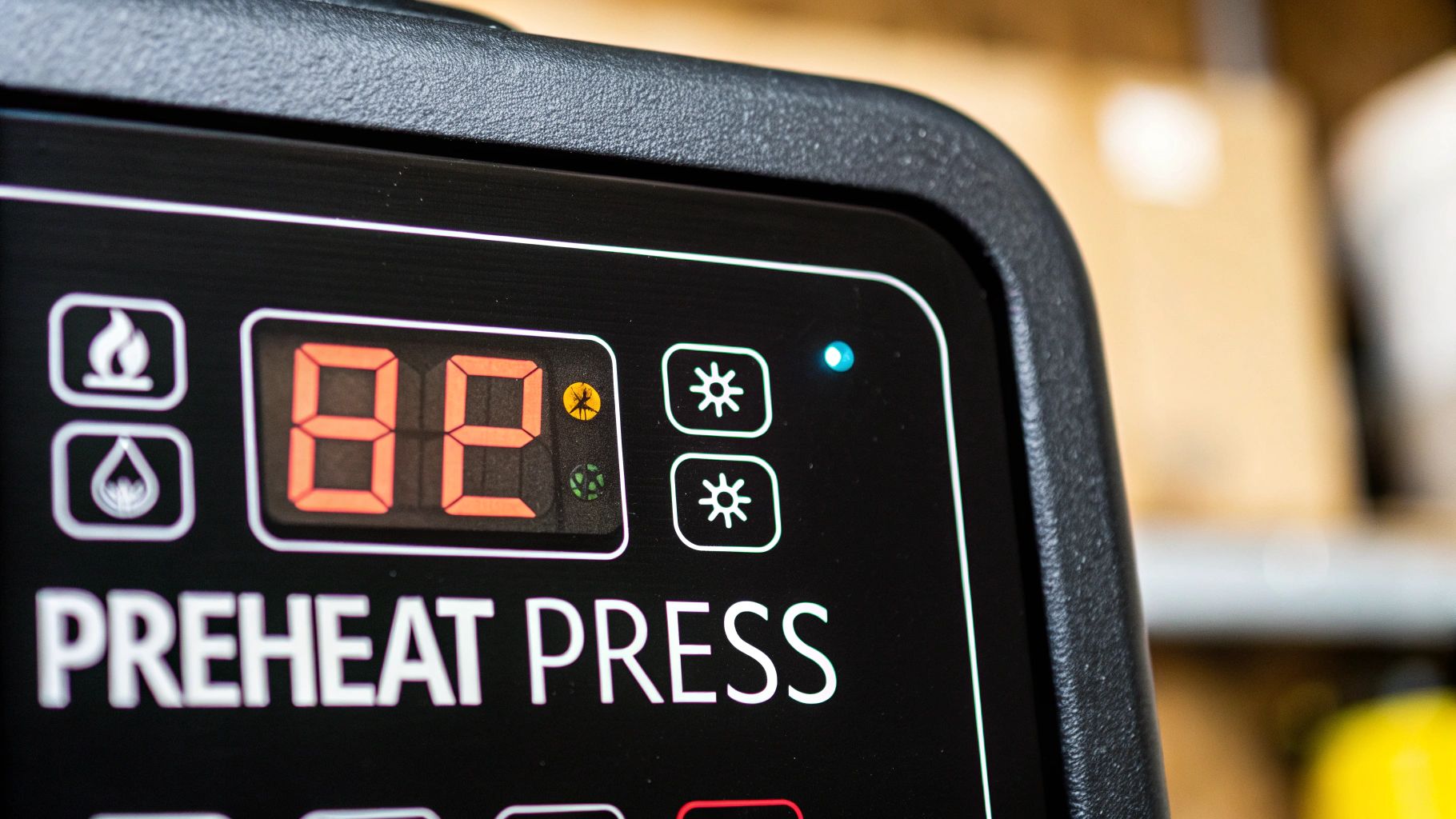 A well-organized workspace with a heat press, t-shirts, and tools ready for a project.