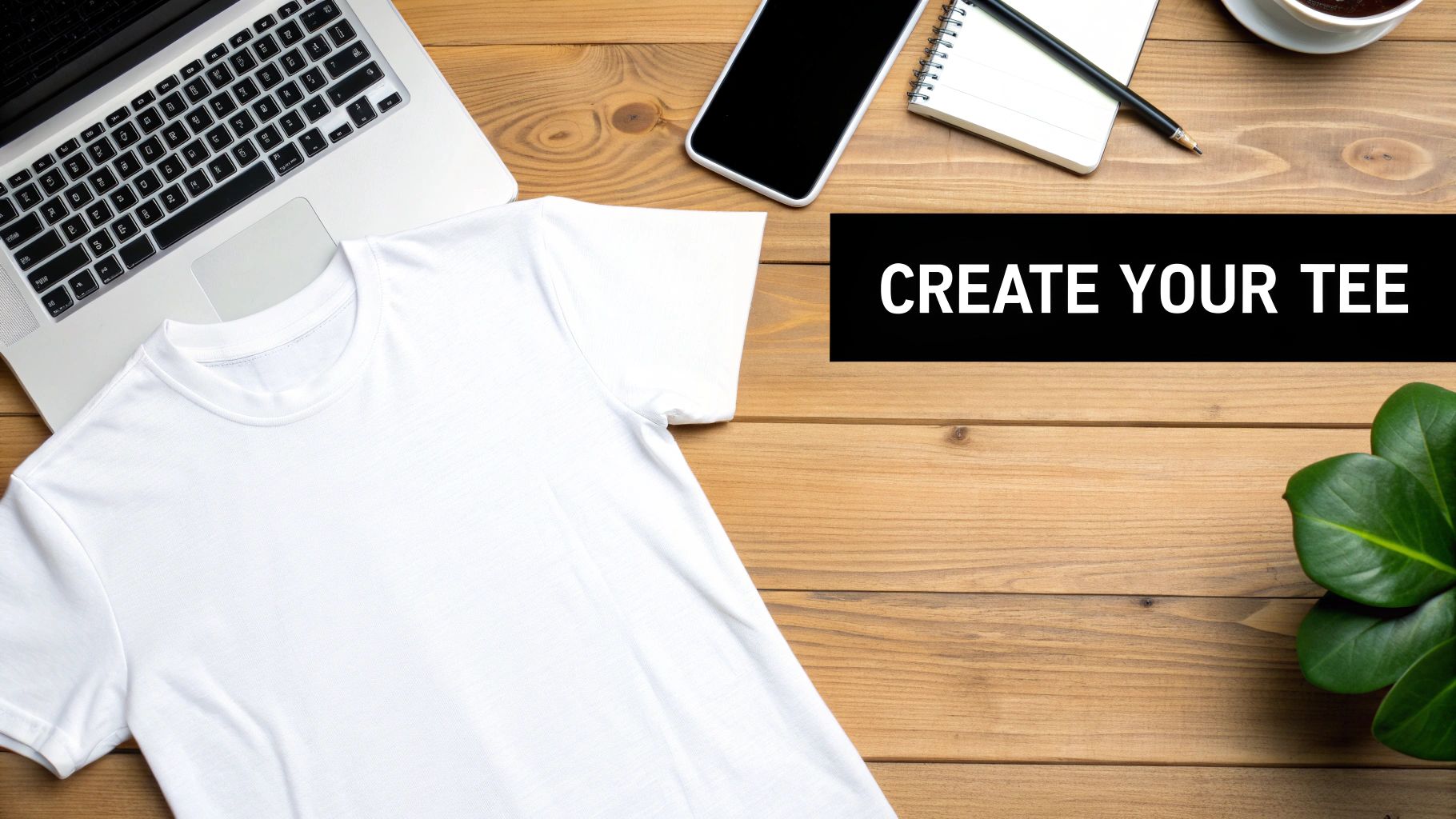 Flat lay of a white t-shirt, laptop, smartphone, and coffee on a desk with 'CREATE YOUR TEE' text.