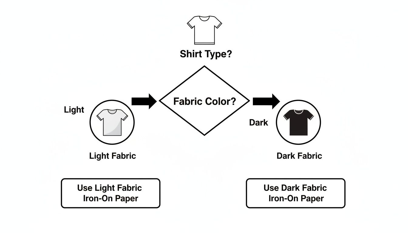 A decision tree flowchart showing how to select the correct iron-on transfer paper based on the fabric color of a shirt.