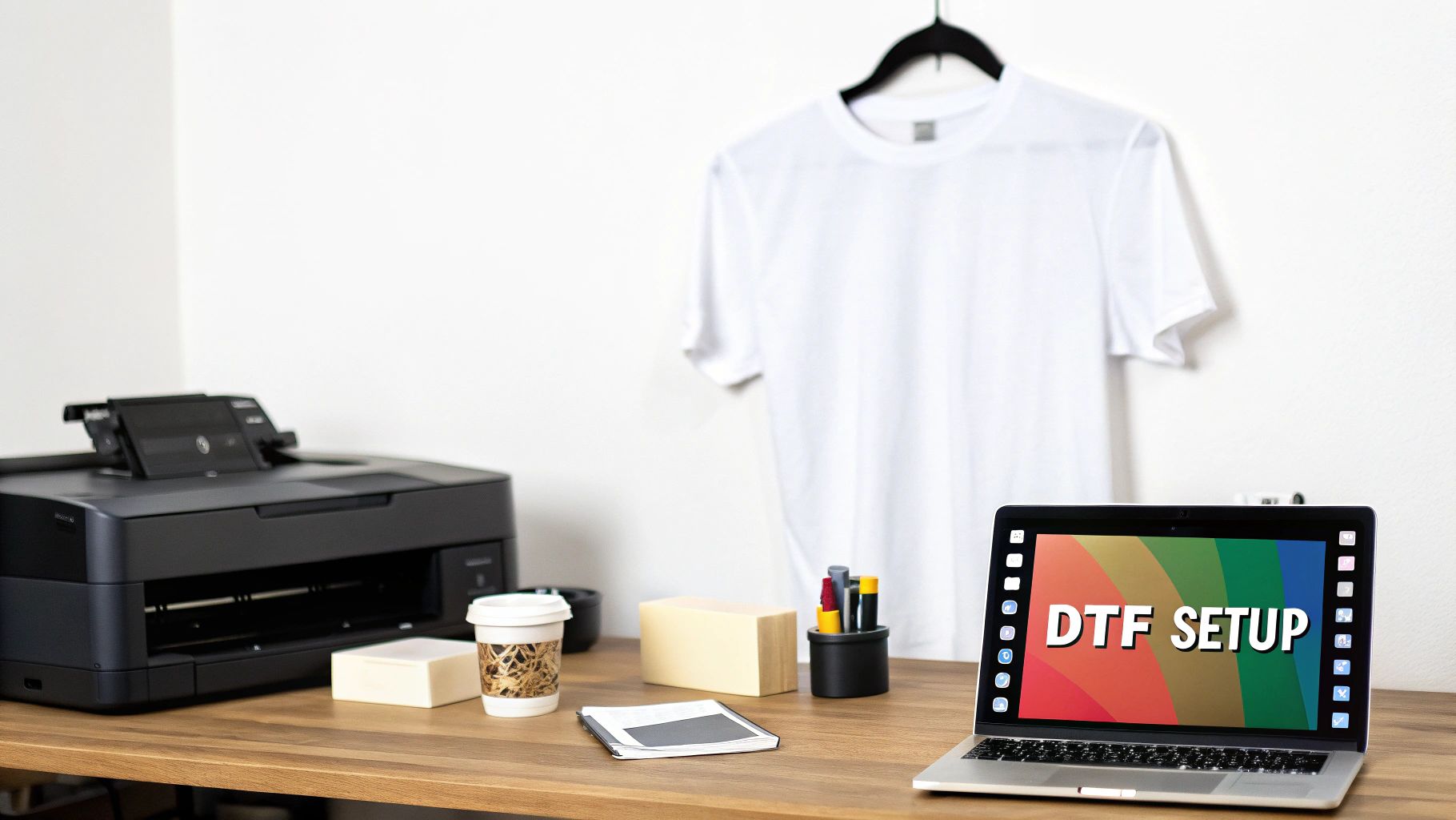 A person using a heat press to apply a colorful DTF transfer onto a black t-shirt.