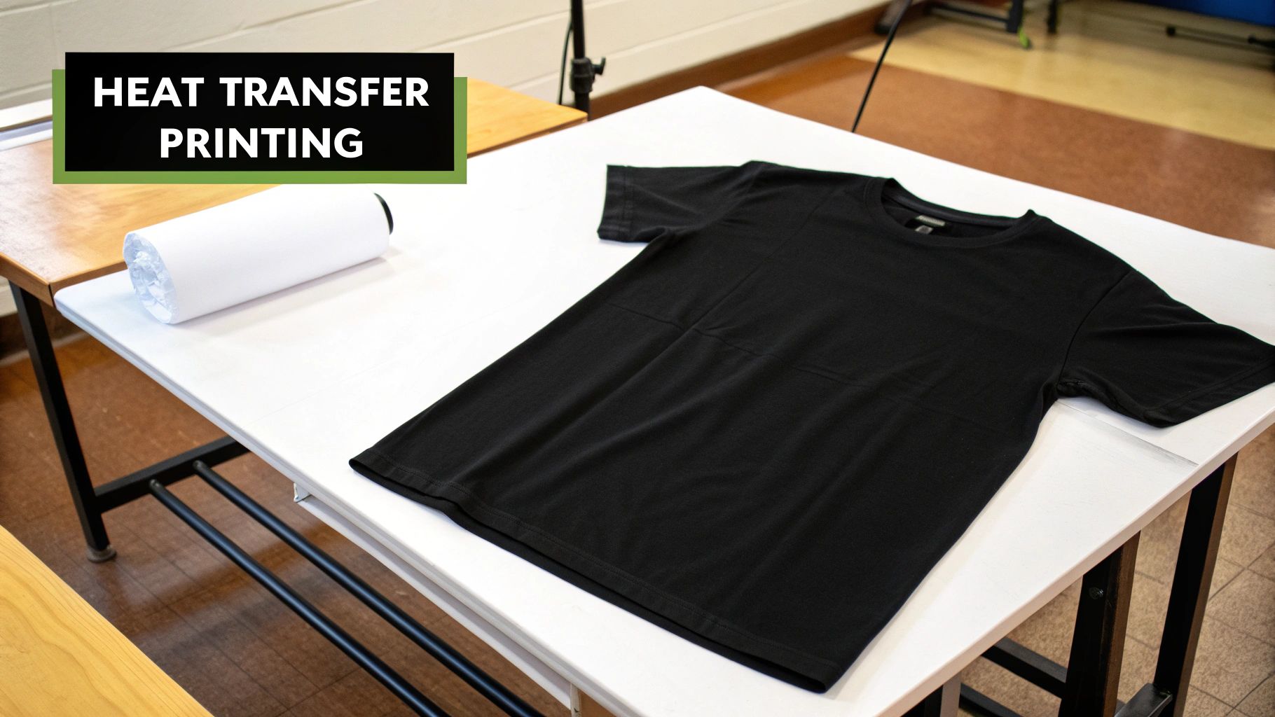 A person using a heat press machine to transfer a design onto a white t-shirt, illustrating the heat transfer printing process.