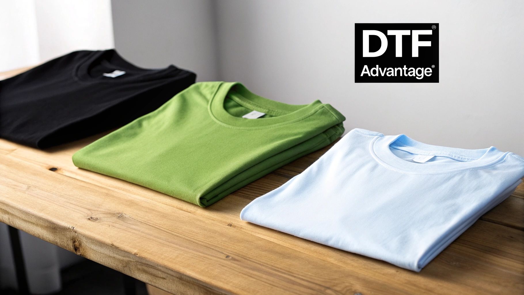 Three folded t-shirts in black, green, and light blue showcasing DTF Advantage printing quality