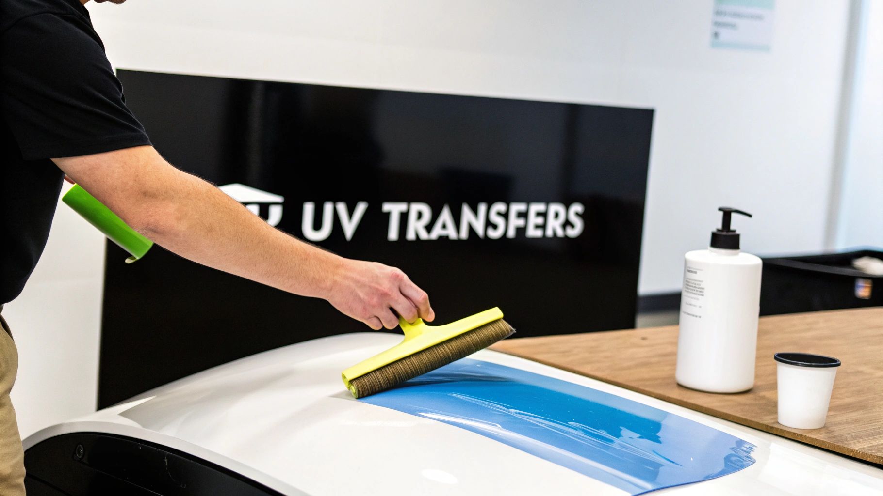 A hand applies a blue UV transfer to a white surface using a yellow applicator brush, with a "UV TRANSFERS" sign in the background.