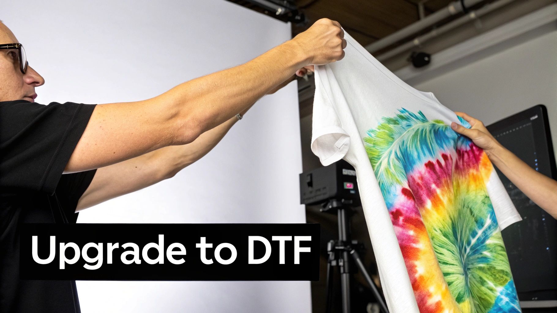 Two people hold up a white t-shirt featuring a vibrant, colorful DTF-printed design.