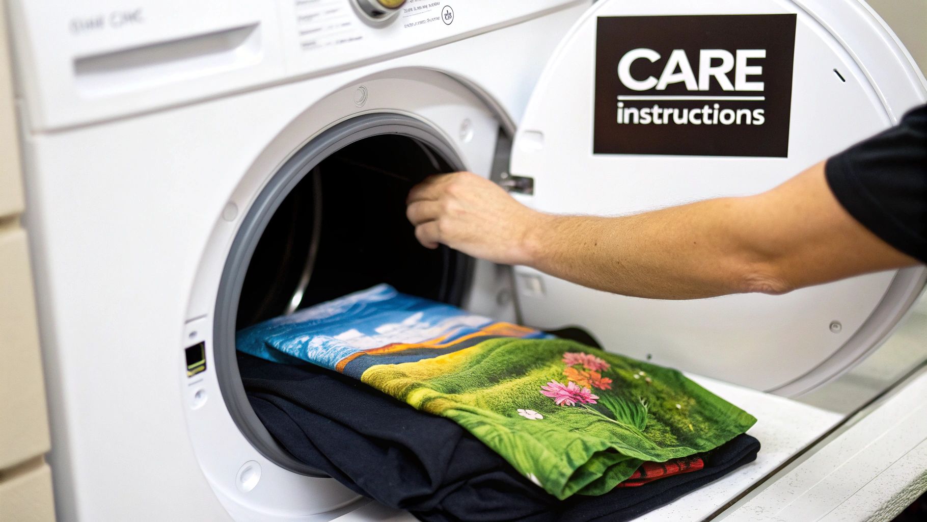 Close-up of a person putting a colorful graphic t-shirt into a dryer with care instructions.