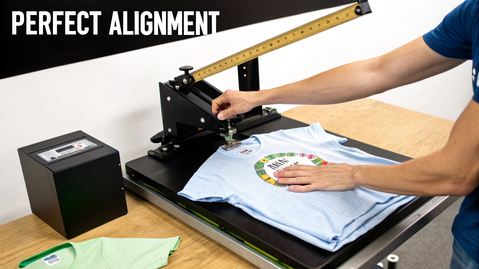 A person aligning a design on a t-shirt before using a heat press machine.