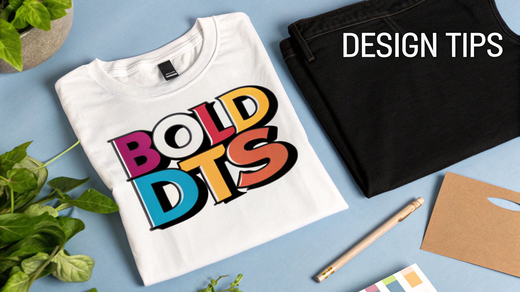 A flat lay of a white t-shirt with a colorful 'BOLD DTF' design, black jeans, and design tools.
