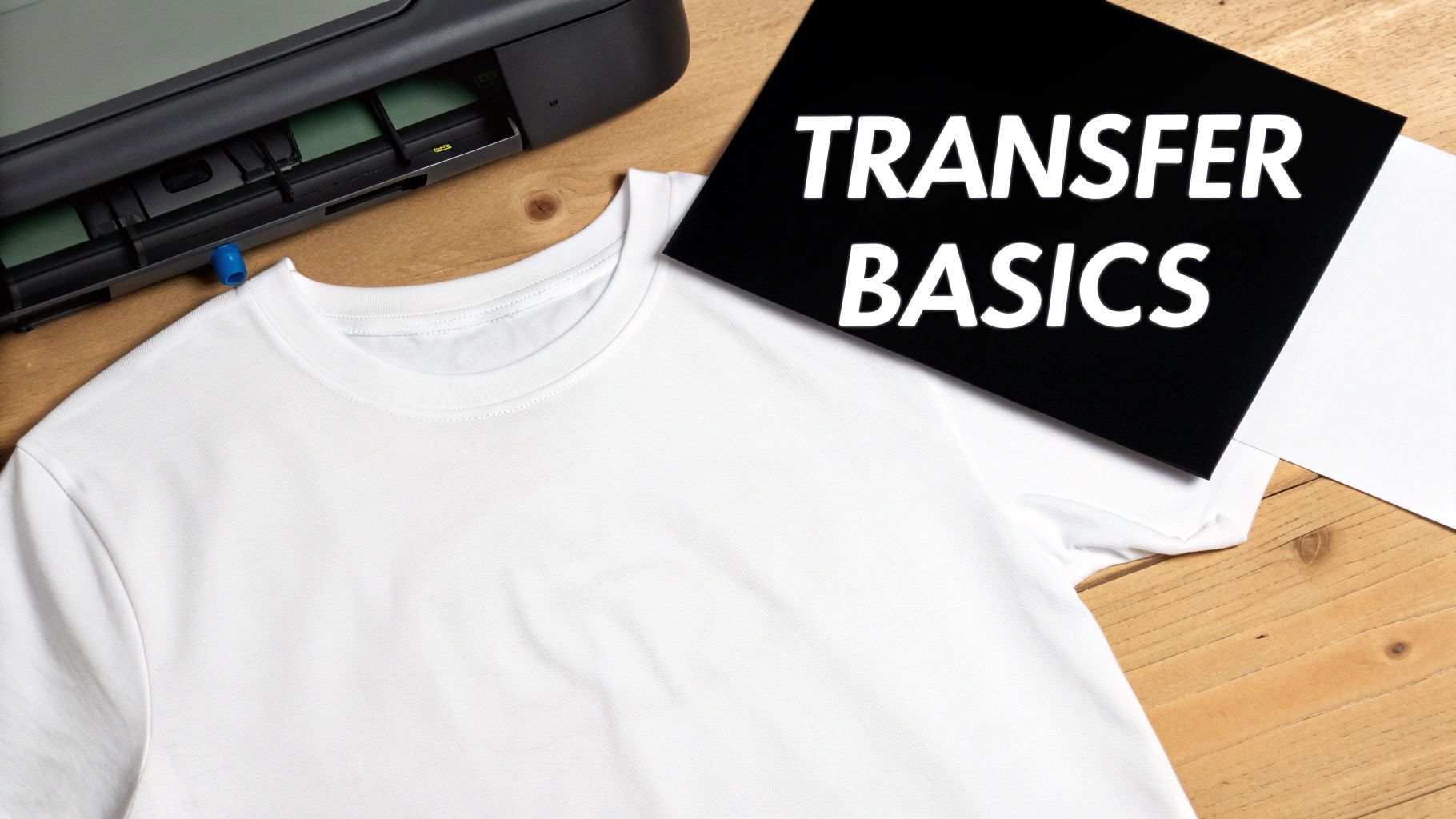 A white t-shirt, a printer, and a black card saying 'TRANSFER BASICS' on a wooden table for DIY apparel printing.
