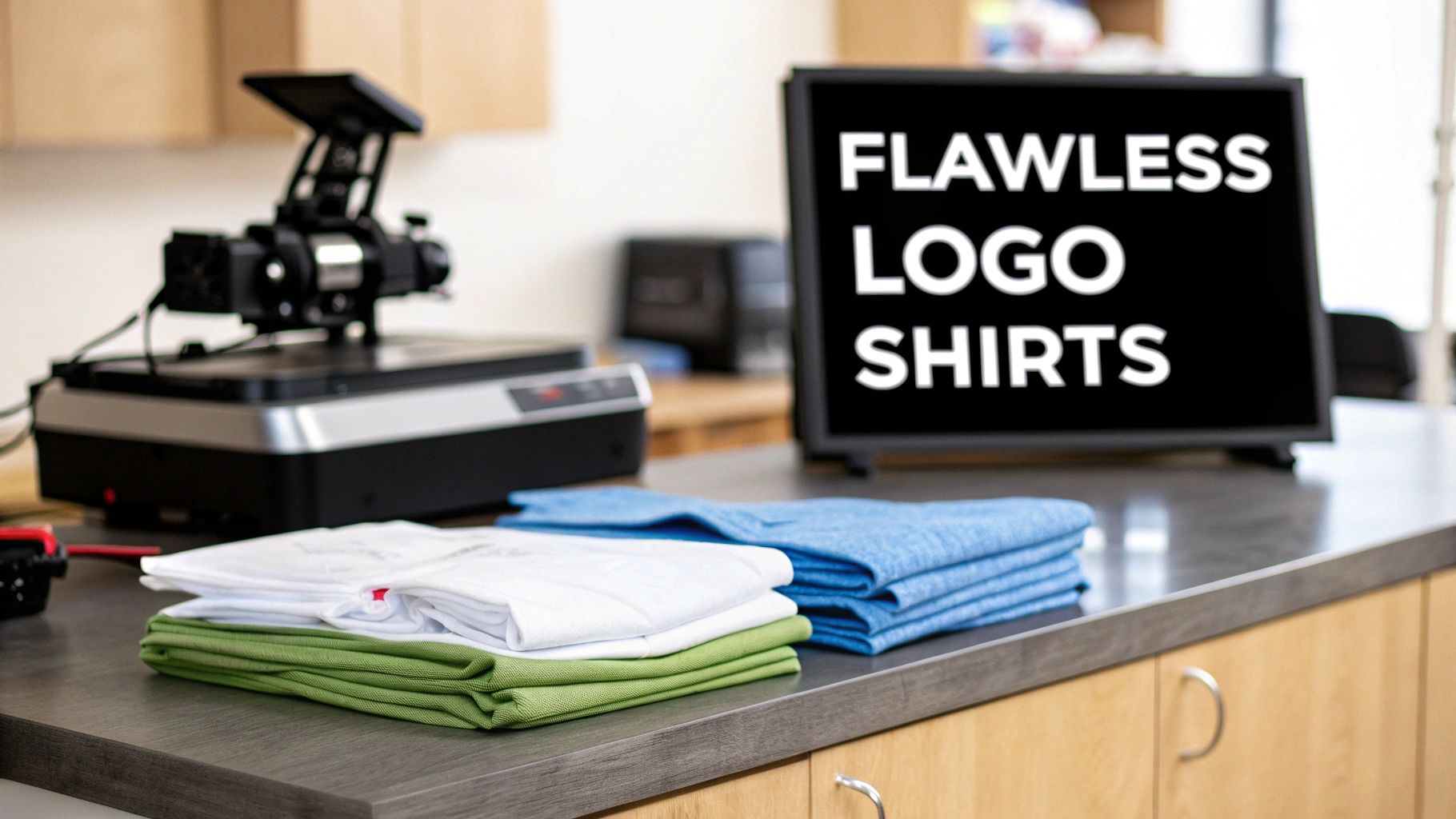 A heat press machine and stacks of folded green, white, and blue shirts on a counter, with a monitor displaying 'FLAWLESS LOGO SHIRTS'.