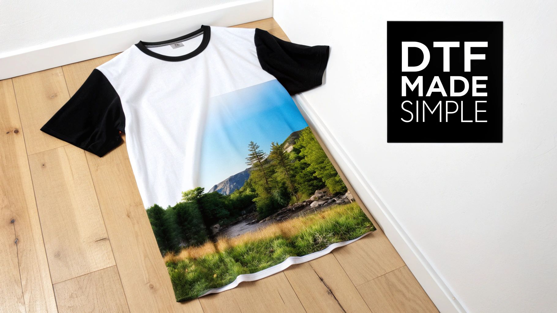 A close-up of a vibrant DTF printed t shirt showing intricate details and bright colors.