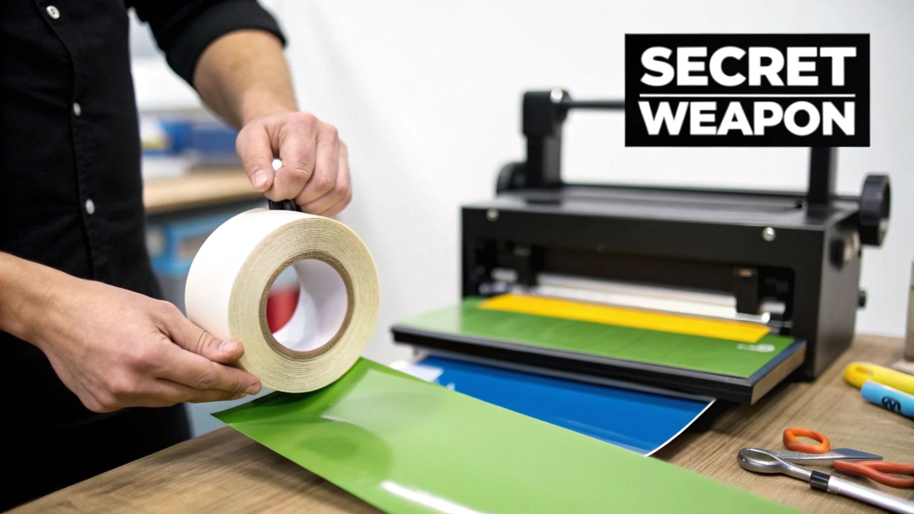 A person's hands carefully applying heat press tape to a sublimation transfer on a white mug.