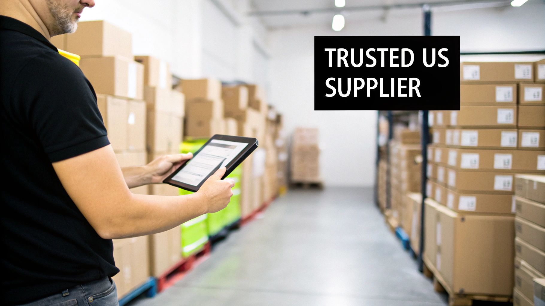 Man in a warehouse checking inventory on a tablet, surrounded by stacked boxes. A sign says 'TRUSTED US SUPPLIER'.