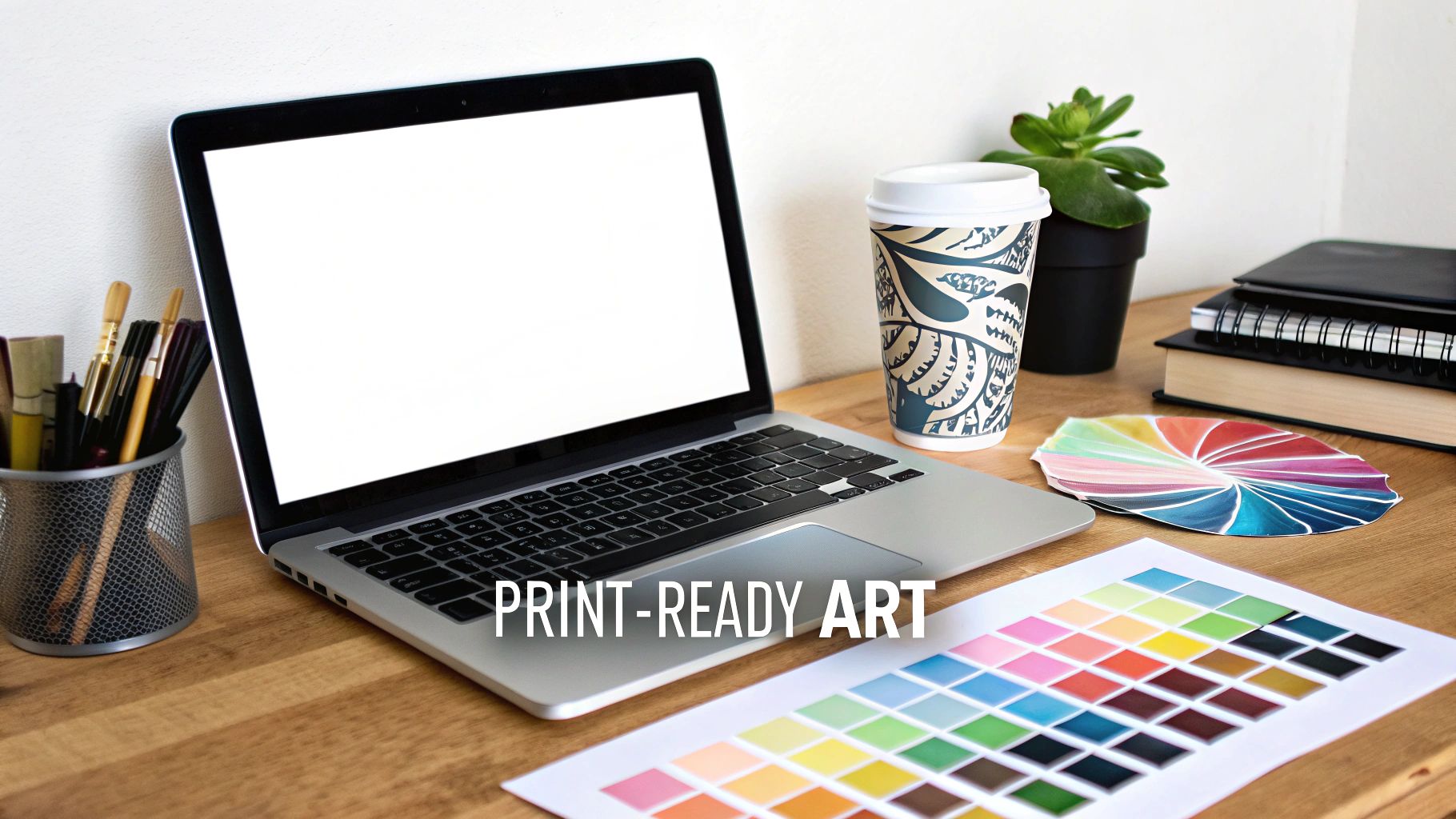 A design workspace with a laptop, color palettes, art supplies, and coffee, indicating print-ready art.
