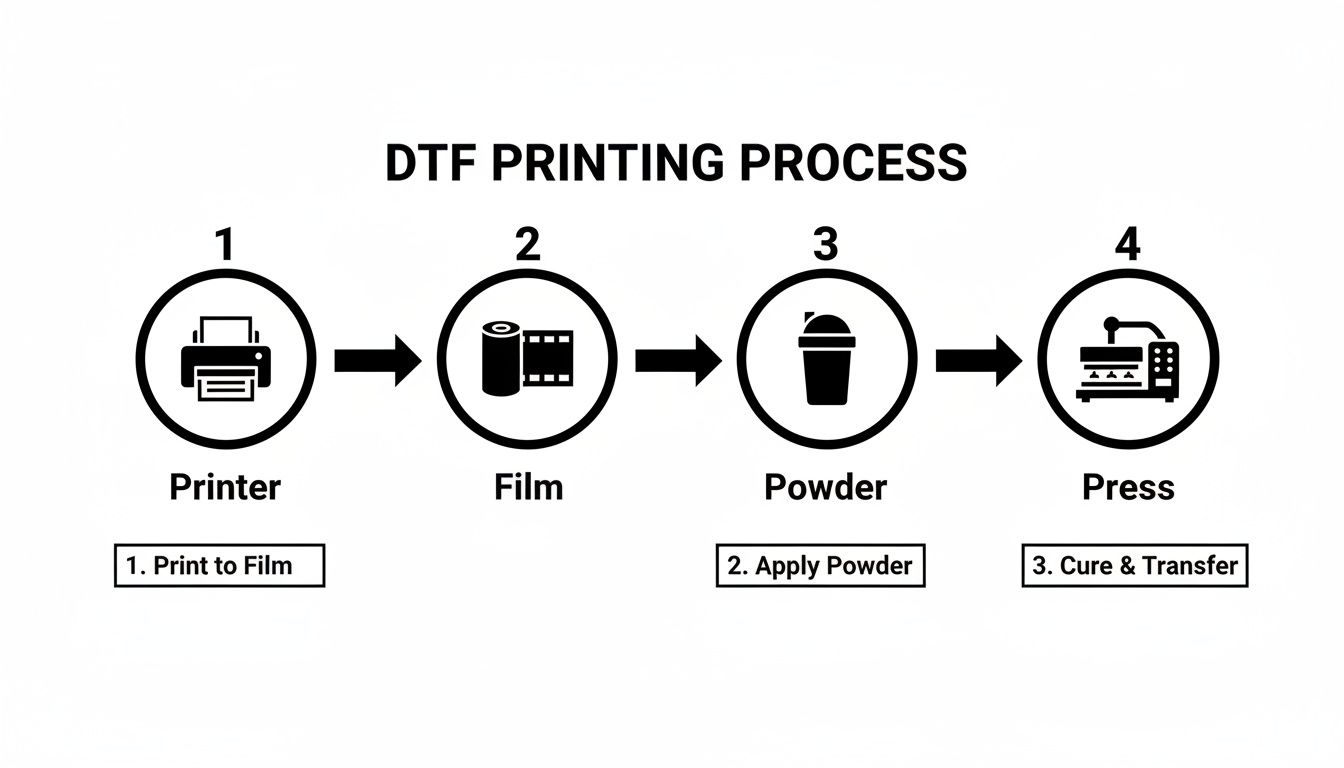 A diagram illustrating the DTF printing process, showing steps from printing to film, powder, and press.