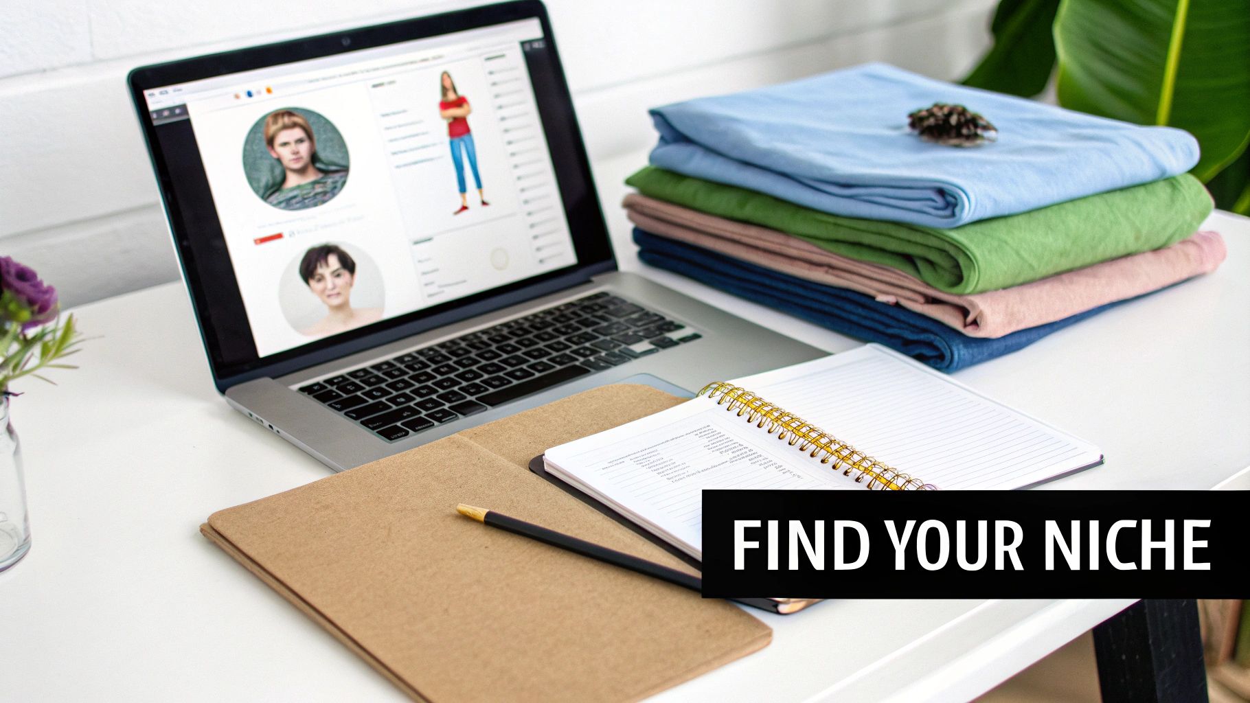 A home office workspace with a laptop showing profiles, folded colorful clothes, and a notebook for business ideas.