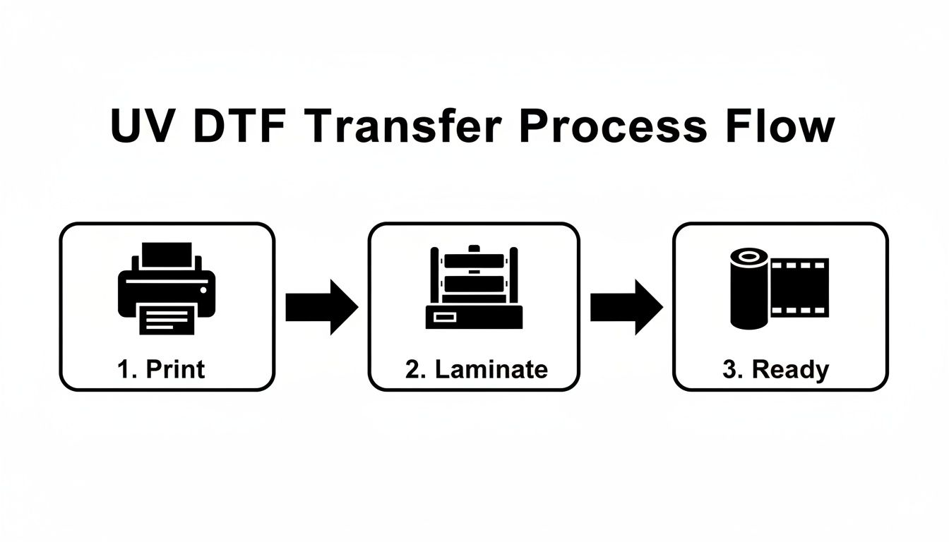 Diagram illustrating the UV DTF transfer process flow with steps: print, laminate, and ready.