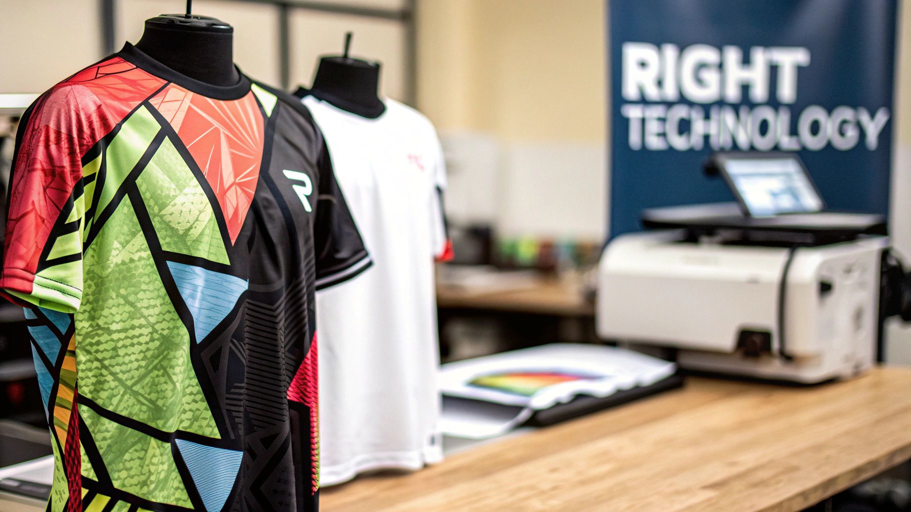 Vibrant custom-printed t-shirts on mannequins, showcasing sublimation prints from Right Technology.