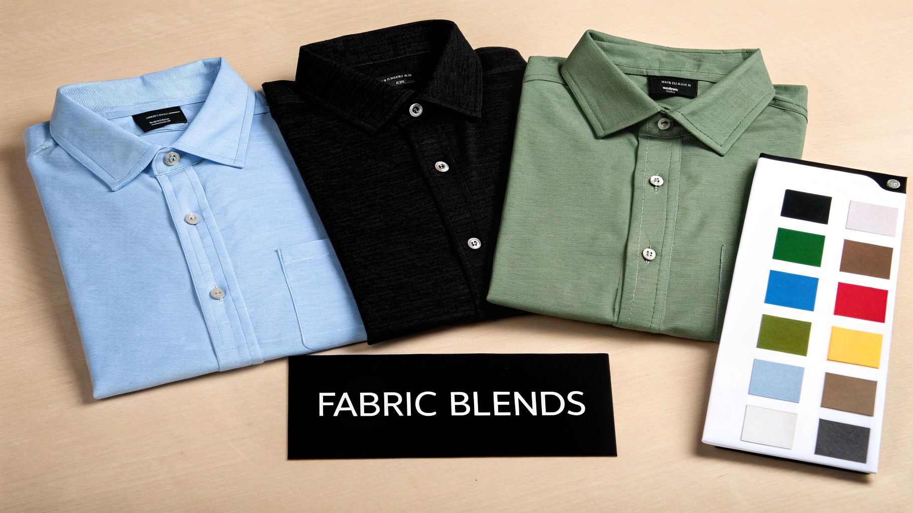 A close-up view of different colored blended fabric shirts folded and stacked.