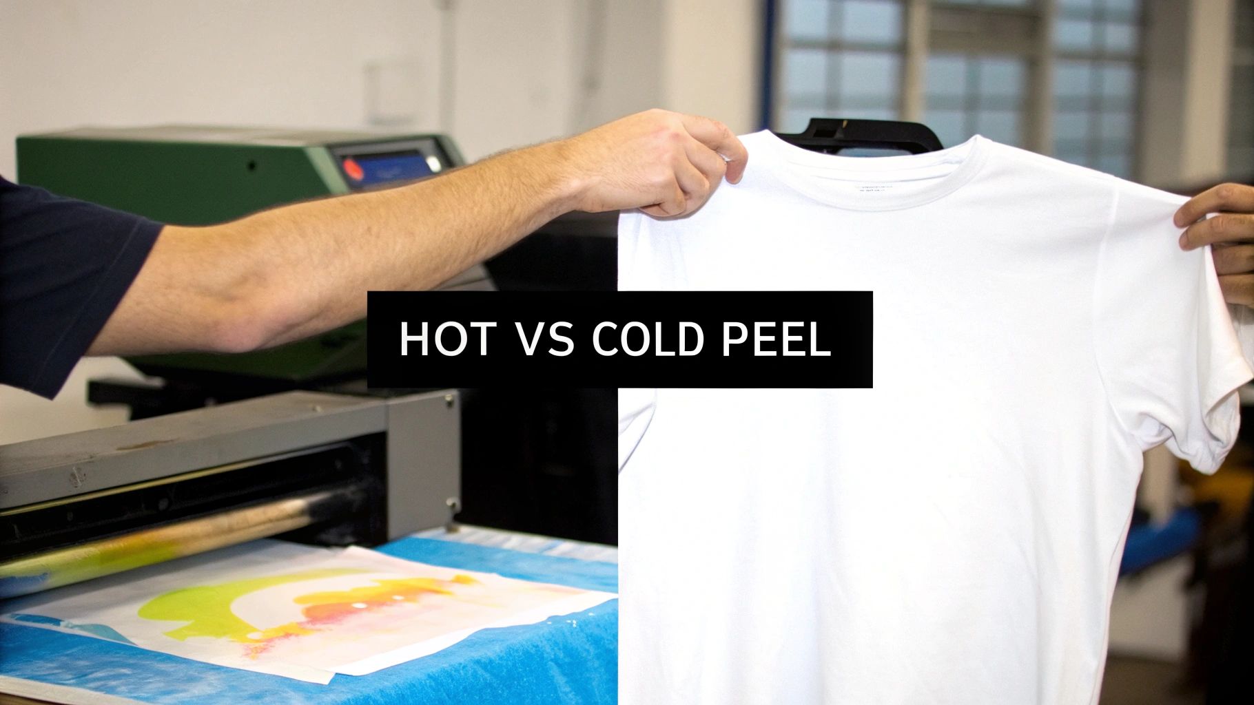 Person holding white t-shirt comparing hot peel versus cold peel DTF transfer methods