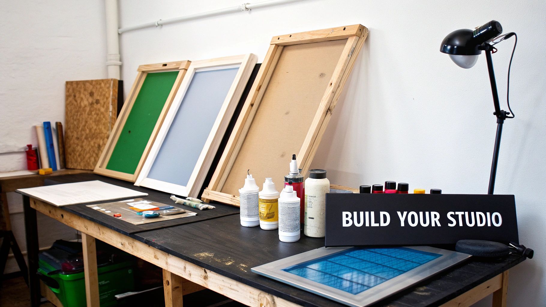 A well-equipped screen printing studio workspace with frames, various inks, and tools on a wooden table, featuring a 'Build Your Studio' sign.