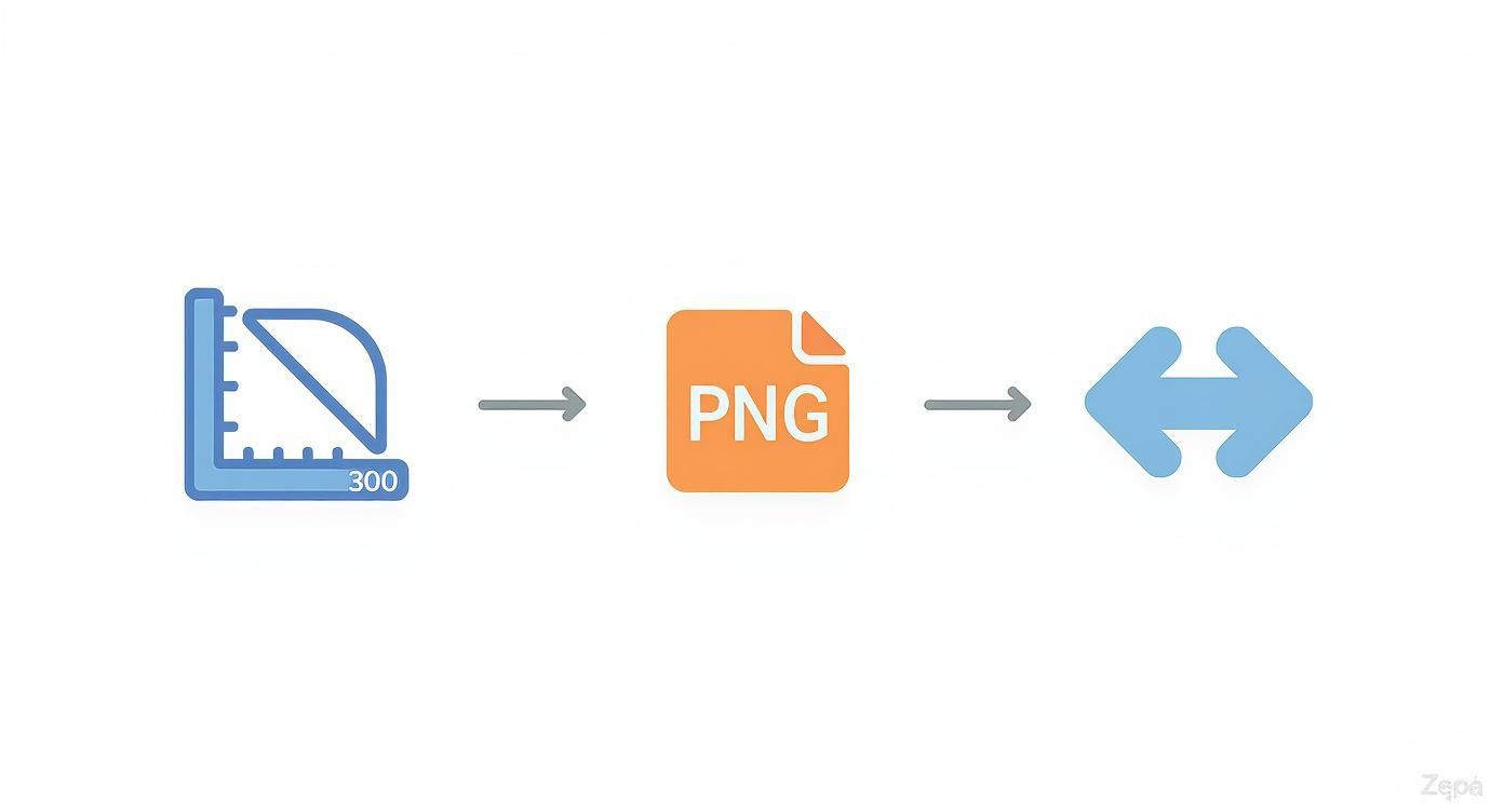 Icons depict image dimension '300' converting to PNG file format, then adjustable or resizable.