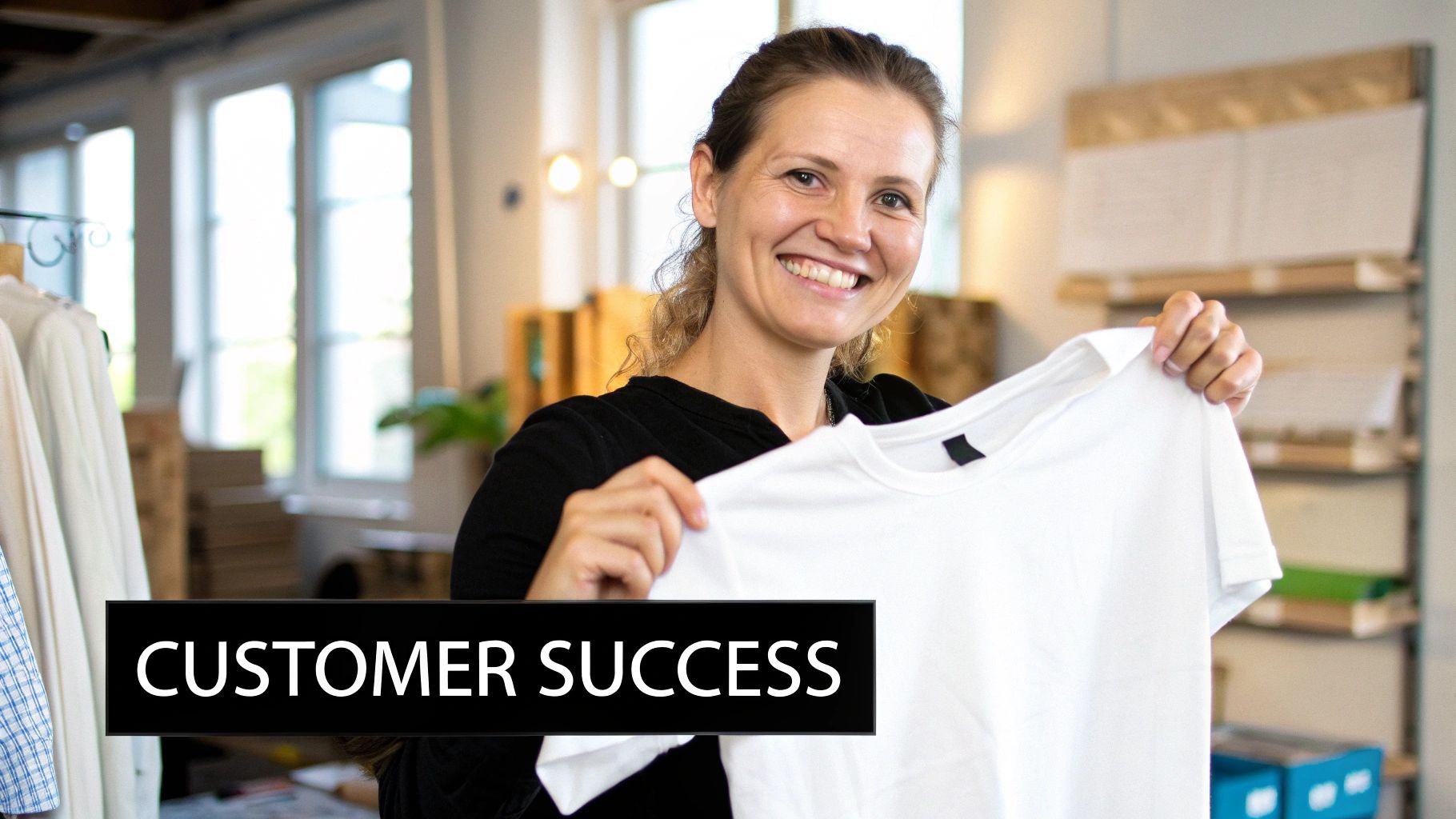 A smiling woman in a small business holds up a plain white t-shirt, embodying customer success.