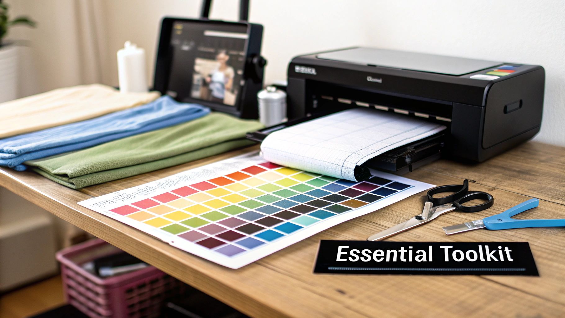 A collection of craft supplies including scissors, fabric, and iron transfer paper laid out on a table.