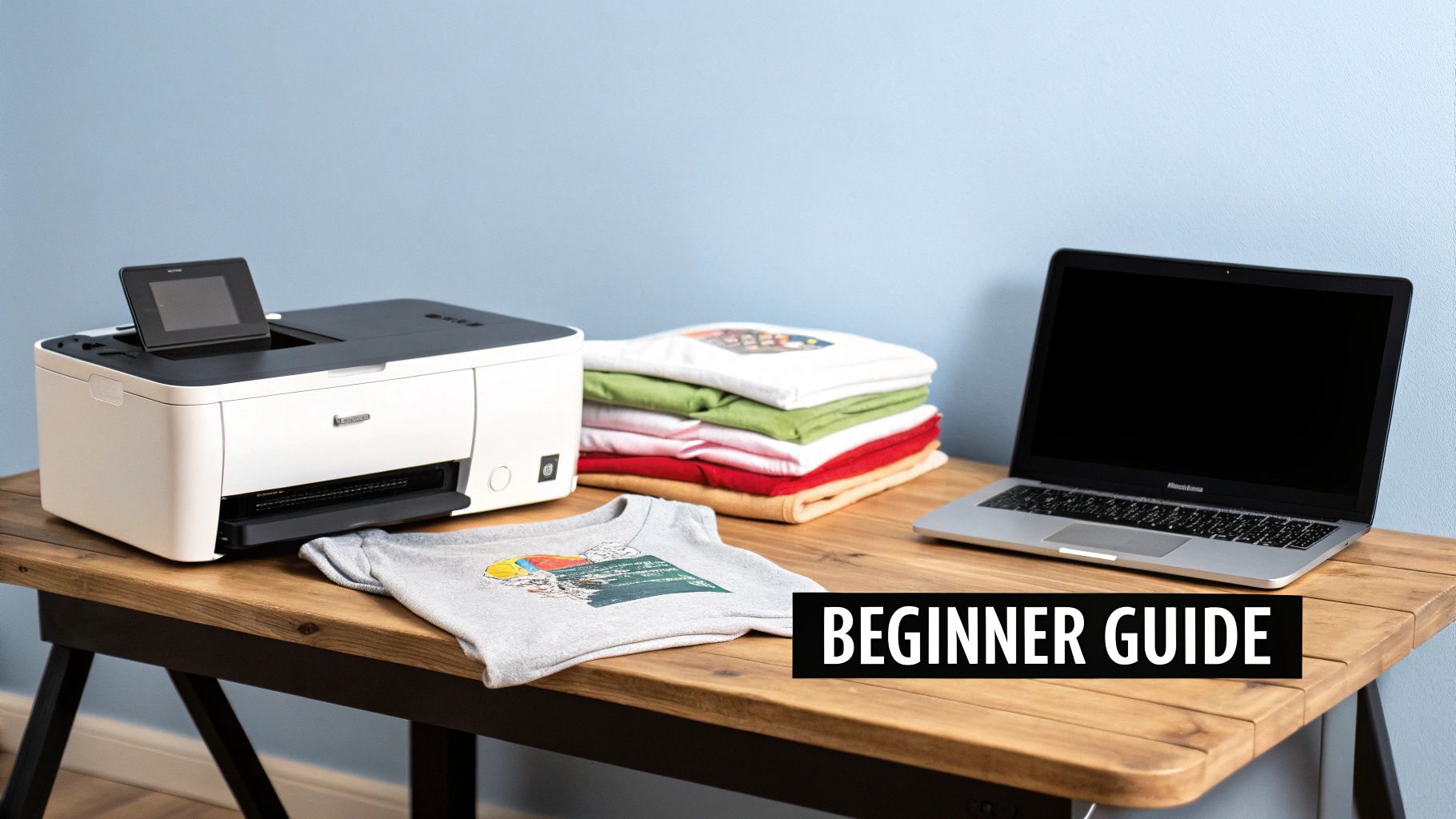 A DTF printer, laptop, and stack of colorful printed t-shirts on a wooden desk with a "Beginner Guide" text overlay.