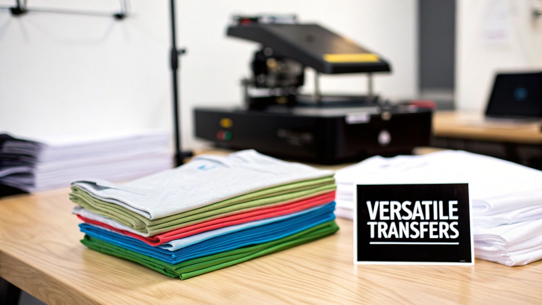 Folded colorful and white t-shirts on a table with a 'VERSATILE TRANSFERS' sign and a heat press machine.