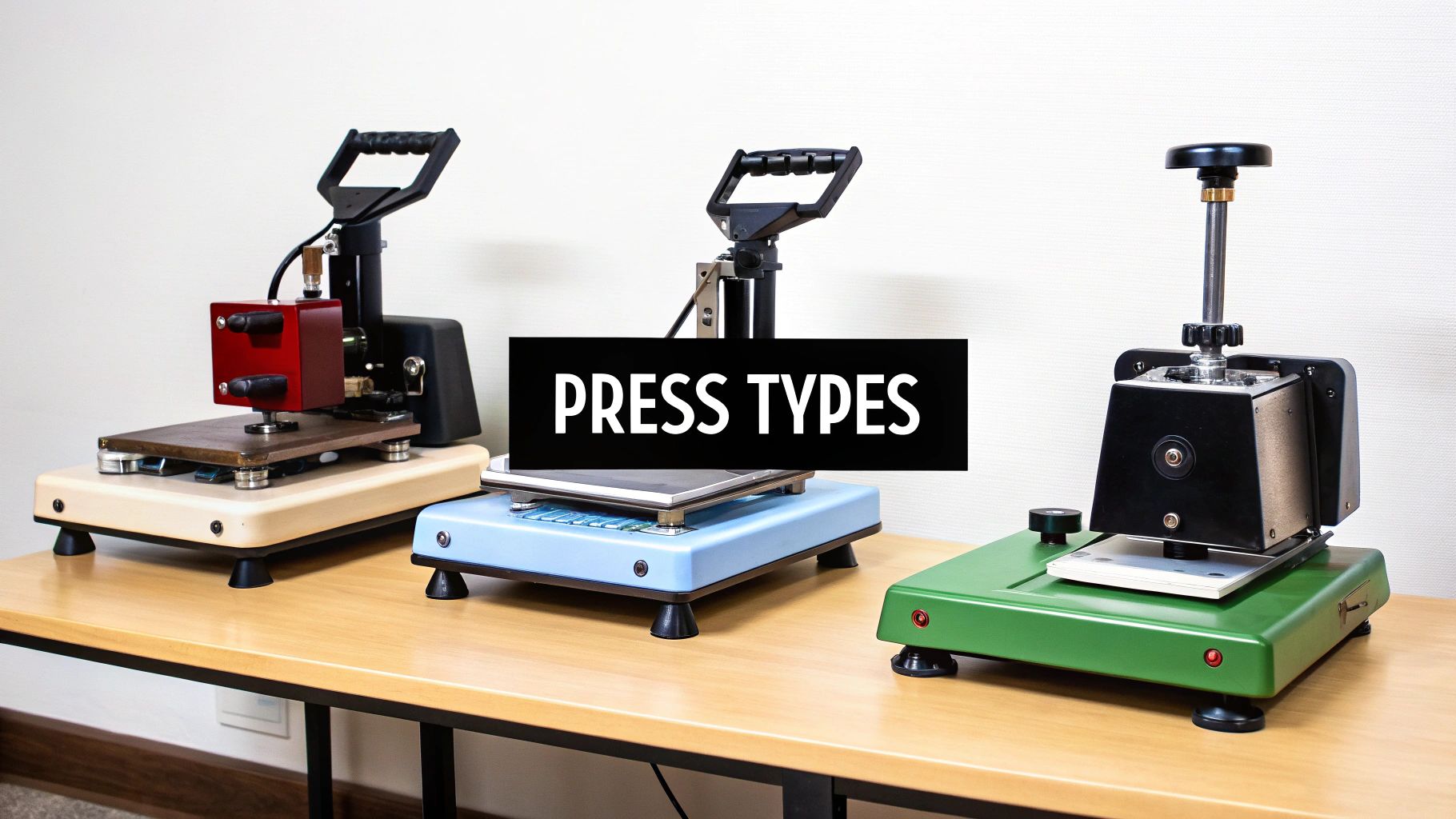Three different types of manual press machines, including heat and cold presses, displayed on a wooden table.