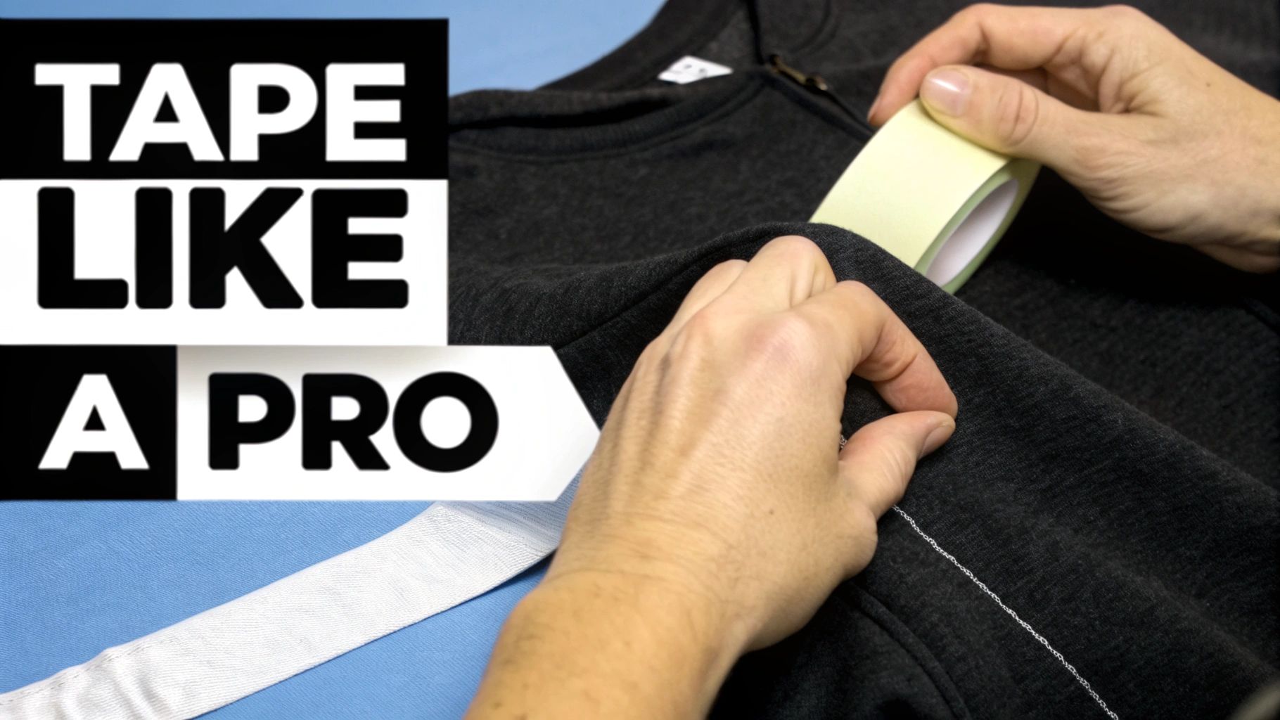 Close-up of hands applying light yellow tape to a dark grey fabric garment, with 'TAPE LIKE A PRO' text.